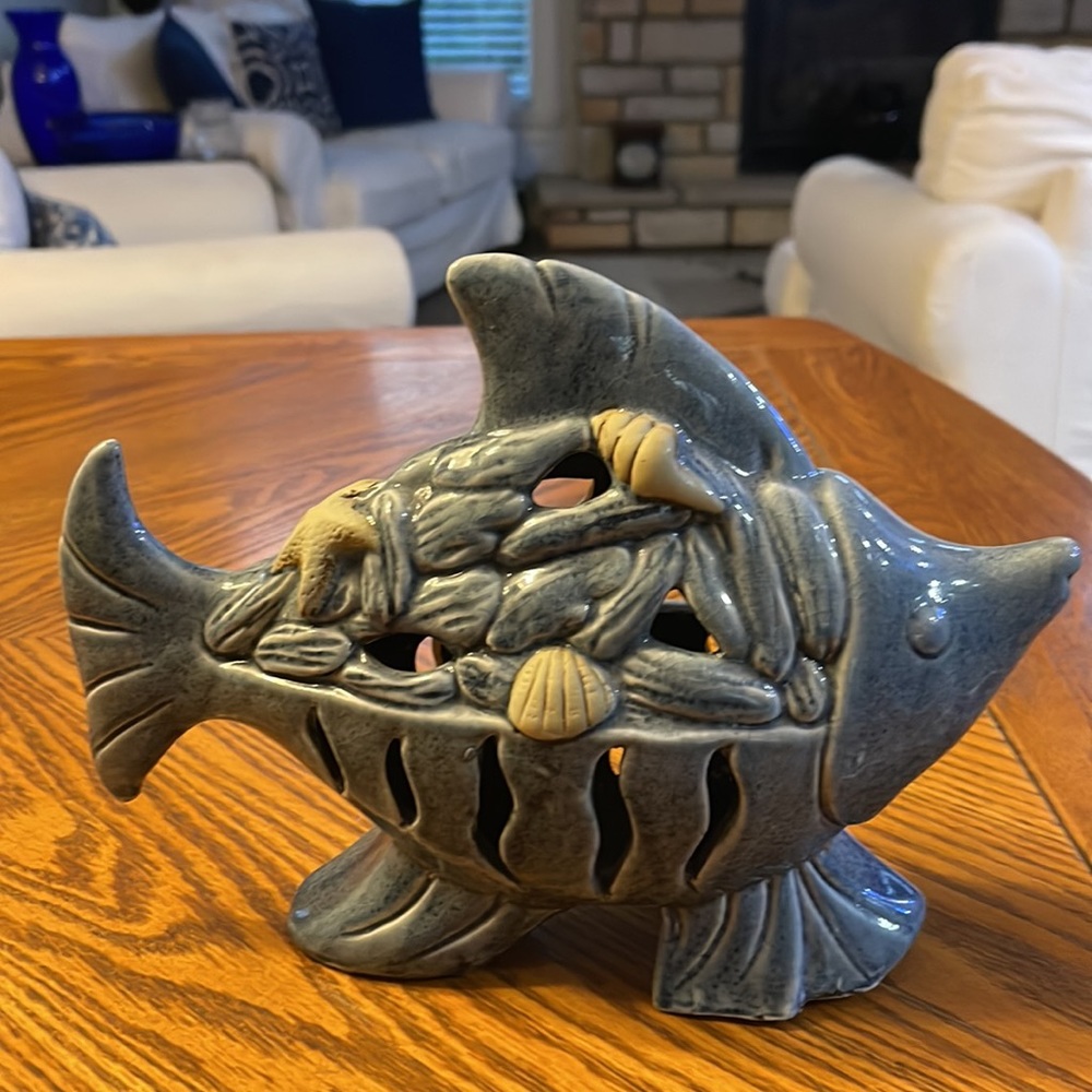 Glazed Pottery fish Ornament hollow with unglazed seashells